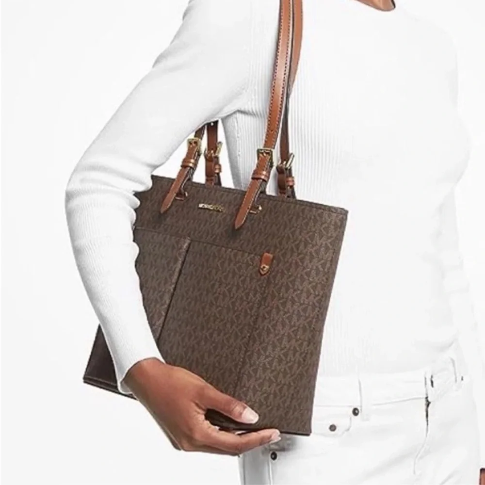 Michael Kors Signature Double Pocket Tote Shoulder Bag Brown
